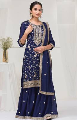 Blue color vichitra silk fabric embroidery work sharara dress 1