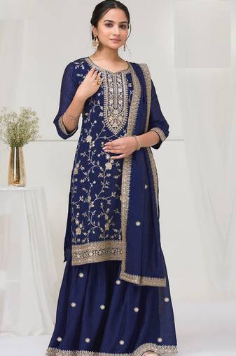 Blue color vichitra silk fabric designer embroidery work sharara dress