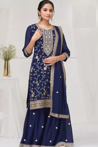 Blue color vichitra silk fabric designer embroidery work sharara dress