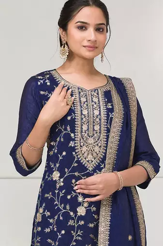 Blue color vichitra silk fabric embroidery work sharara dress