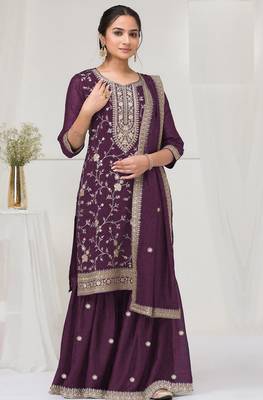 Purple color vichitra silk fabric embroidery work sharara 1
