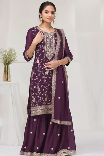 Purple color vichitra silk fabric designer embroidery work sharara