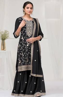 Black color vichitra silk fabric embroidery work sharara 1