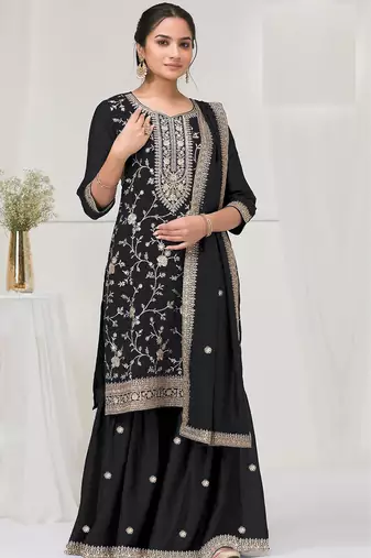 Black color vichitra silk fabric designer embroidery work sharara