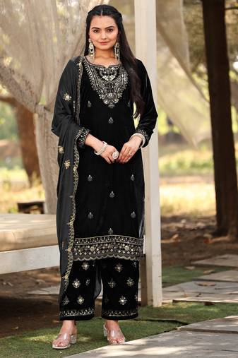 Black color sophesticated designer embroidered velvet suit