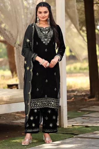 Black color sophesticated designer embroidered velvet suit