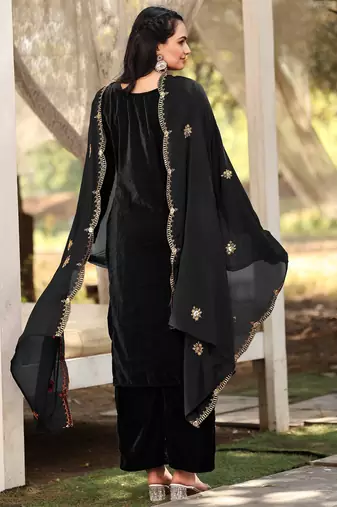 Black color sophesticated embroidered velvet suit