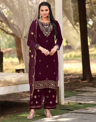 Wine color sophesticated embroidered velvet suit 1