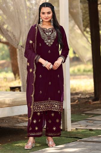 Wine color sophesticated designer embroidered velvet suit