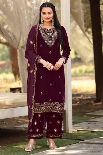 Wine color sophesticated designer embroidered velvet suit