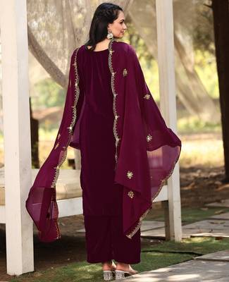 Wine color sophesticated embroidered velvet suit 2