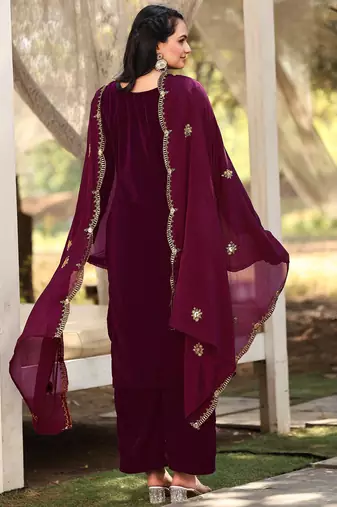 Wine color sophesticated embroidered velvet suit