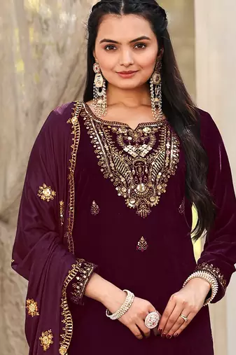 Wine color sophesticated embroidered velvet suit