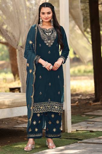 Teal blue color sophesticated designer embroidered velvet suit