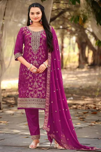 Purple color viscose jacquard woven designer embroidered heavy partywear suit