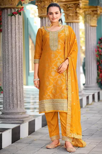 Yellow color viscose jacquard woven designer embroidered heavy partywear suit