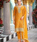 Yellow color viscosee jacquard woven embroidered heavy partywear suit