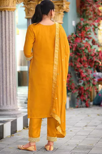 Yellow color viscosee jacquard woven embroidered heavy partywear suit