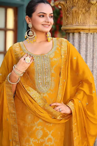 Yellow color viscosee jacquard woven embroidered heavy partywear suit