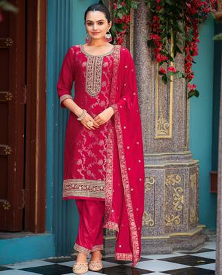 Pink color viscosee jacquard woven embroidered heavy partywear suit 1