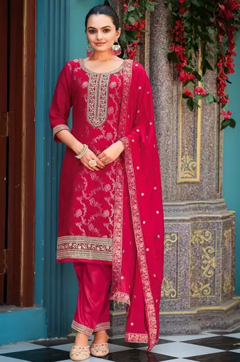 Pink color viscose jacquard woven designer embroidered heavy partywear suit