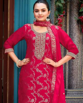 Pink color viscosee jacquard woven embroidered heavy partywear suit 3