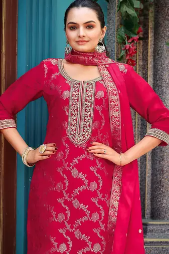 Pink color viscosee jacquard woven embroidered heavy partywear suit