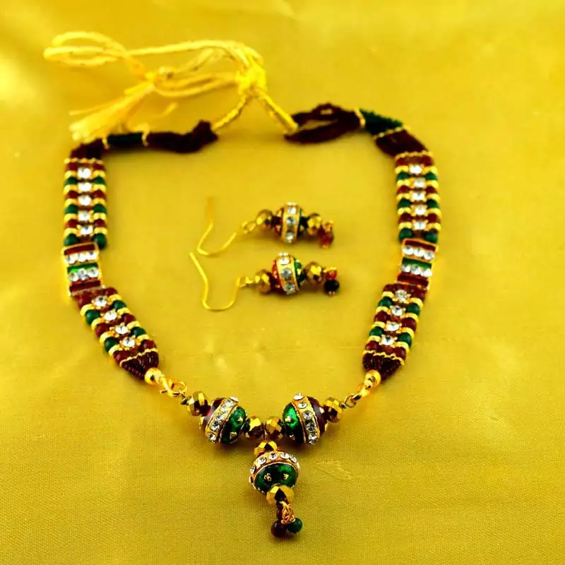 Micro Platted Moti Meenakari Polki Necklace With Earing