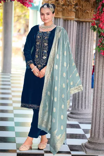 Blue color velvet fabric heavy wedding ceremonial salwar kameez