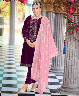 Wine color velvet fabric heavy wedding ceremonial salwar kameez 1