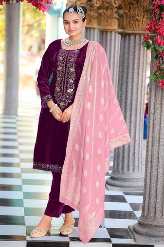Wine color velvet fabric heavy wedding ceremonial salwar kameez