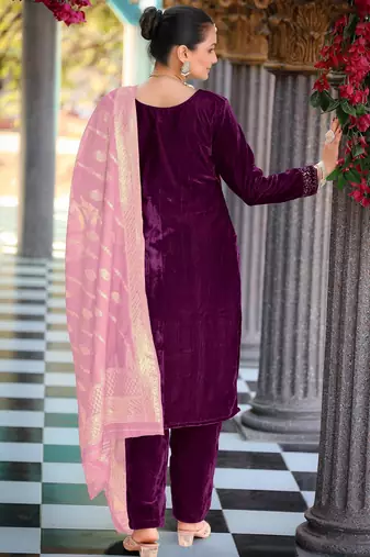 Wine color velvet fabric heavy wedding ceremonial salwar kameez