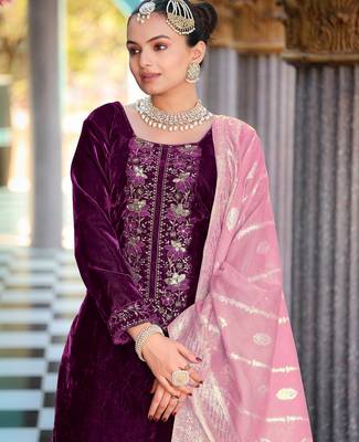 Wine color velvet fabric heavy wedding ceremonial salwar kameez 3