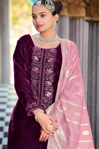 Wine color velvet fabric heavy wedding ceremonial salwar kameez