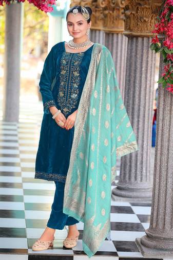 Teal color velvet fabric heavy wedding ceremonial salwar kameez