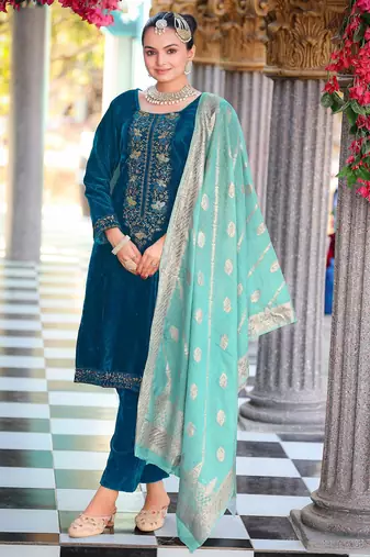 Teal color velvet fabric heavy wedding ceremonial salwar kameez