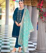 Teal velvet embroidered heavy wedding ceremonial salwar kameez