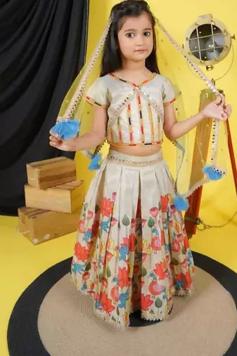 multicolor chanderi lehenga choli set with dupatta for girls