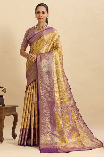 yellow traditional semi art silk zari weaving saree for wedding & festive look with blouse