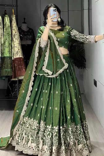 Burgundy Color  Multi Embroidery Thread  Work and Butti All Over NC Vichitraa  Lehenga Fully Stitched Blouse