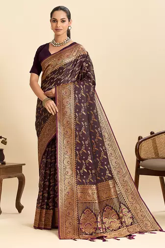 Plum purple zari woven satin traditional wedding saree with blouse