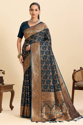 Teal blue zari woven satin traditional wedding saree with blouse