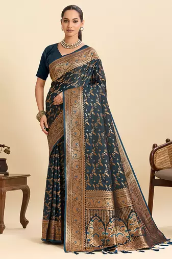 Teal blue zari woven satin traditional wedding saree with blouse