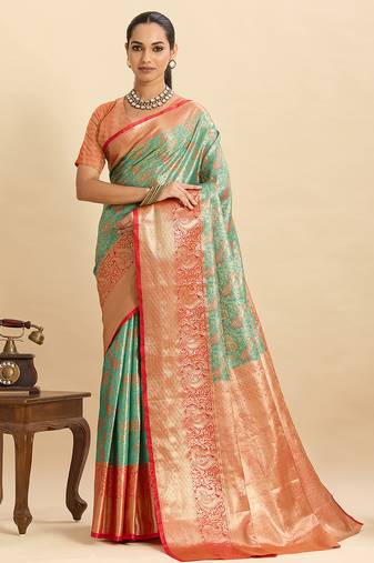 green rich pallu zari woven semi art silk saree for wedding & festive occasions