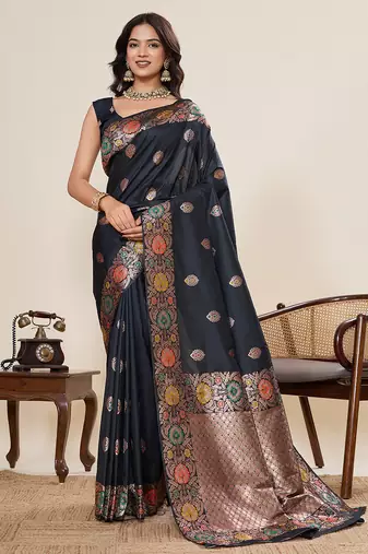 Black jacquard fabric saree with zari woven floral design & broad border     traditional saree with blouse piece