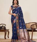 Navy blue jacquard fabric saree with zari woven floral design & broad border     traditional saree with blouse piece