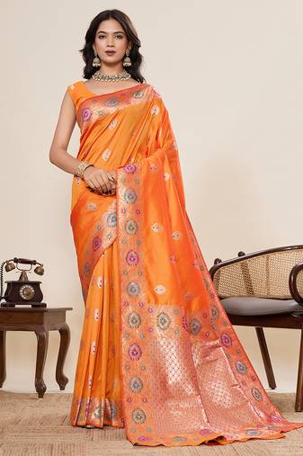 Orange jacquard fabric saree with zari woven floral design & broad border     traditional saree with blouse piece