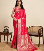 Red jacquard fabric saree with zari woven floral design & broad border     traditional saree with blouse piece