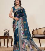 peacock blue soft silk blend two tone satin saree with full border zari mina kari work & rich designer pallu