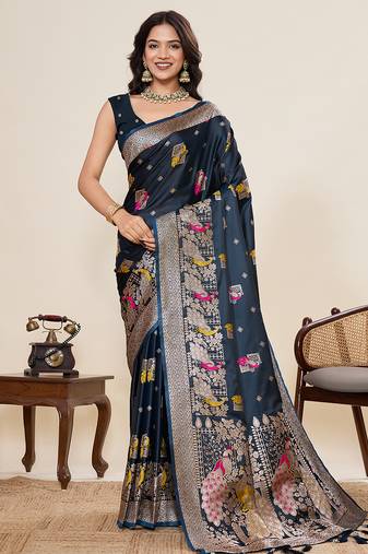 navy soft silk blend two tone satin saree with full border zari mina kari work & rich designer pallu